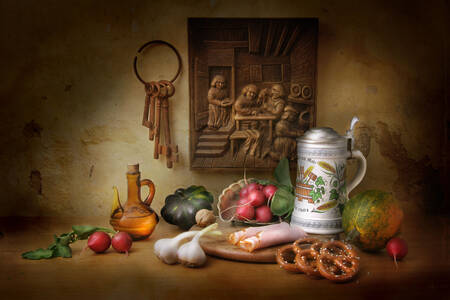 Vegetables and Bavarian pastries on the table