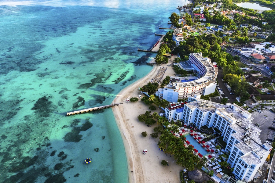 An aerial view of the beach in Montego Bay, Jamaica