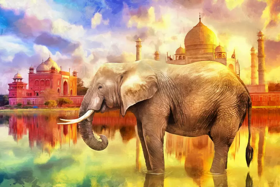 Olifant op de achtergrond van de Taj Mahal