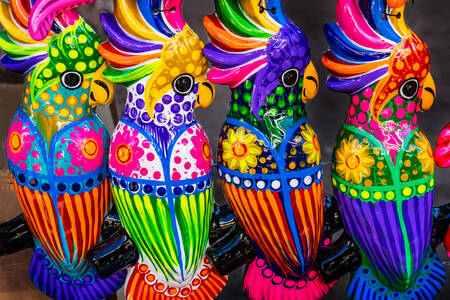 Colorful ceramic parrots