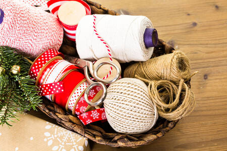 Ribbons and twine in a basket