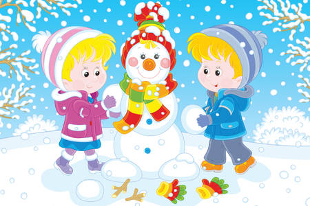 Les enfants font un bonhomme de neige