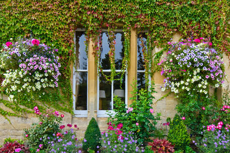 Een huis omgeven door groen en bloemen